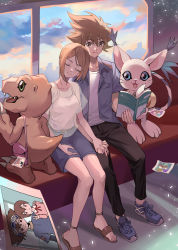 Rule 34 | 1boy, 1girl, :d, absurdres, agumon, bag, black pants, blue eyes, book, breasts, brother and sister, brown eyes, brown hair, closed mouth, collarbone, commentary request, digimon, digimon (creature), highres, holding hands, looking at viewer, medium breasts, open book, open clothes, open mouth, open shirt, pants, photo (object), pink bag, shirt, shoes, short hair, shorts, shoulder bag, siblings, sitting, smile, tailmon, white shirt, window, xinliu asato, yagami hikari, yagami taichi