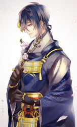 Rule 34 | 10s, 1boy, anno meiji, blue hair, cherry blossoms, closed mouth, flower, gloves, highres, holding, holding flower, japanese clothes, kariginu, light background, long sleeves, male focus, mikazuki munechika, petals, sayagata, short hair, simple background, smile, solo, touken ranbu, twitter username, white background, wide sleeves