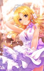 Rule 34 | &gt;:), 1girl, arm up, bare shoulders, blonde hair, blush, bow, braid, breasts, cleavage, cleavage cutout, closed mouth, clothing cutout, dress, earrings, eyelashes, french braid, gloves, hair bow, highres, idolmaster, idolmaster cinderella girls, infinote, jewelry, kiryu tsukasa (idolmaster), large breasts, lips, long hair, looking at viewer, necklace, purple bow, purple eyes, sleeveless, sleeveless dress, smile, solo, tiara, v-shaped eyebrows, wavy hair, white bow, white dress, white gloves