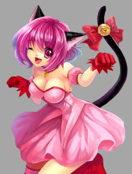 Rule 34 | 1girl, ;d, animal ears, arm garter, armband, bare shoulders, bell, bow, breasts, bridal garter, cat ears, cat girl, cat tail, choker, cleavage, clenched hand, dress, female focus, gloves, grey background, highres, jewelry, jingle bell, kudo kunugi, large breasts, leotard, looking at viewer, magical girl, matching hair/eyes, mew ichigo, momomiya ichigo, necklace, one eye closed, open mouth, paw pose, pink dress, pink eyes, pink hair, red bow, red gloves, red ribbon, ribbon, short hair, simple background, smile, solo, standing, standing on one leg, strapless, strapless dress, tail, tail bell, tail bow, tail ornament, tail ribbon, tokyo mew mew, wink