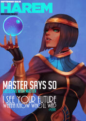 Rule 34 | 1girl, absurdres, blue background, bob cut, circlet, clothing cutout, commentary, cover, crystal ball, dark-skinned female, dark skin, english commentary, english text, eyelashes, fingerless gloves, gloves, gorget, green eyes, highres, lips, looking to the side, magazine cover, menat, monori rogue, navel, navel cutout, nose, parted lips, purple hair, sash, solo, street fighter, street fighter v, usekh collar