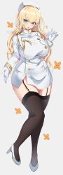 Rule 34 | 1girl, absurdres, atago (azur lane), atago (azur lane) (cosplay), atago (kancolle), azur lane, bad id, bad twitter id, black thighhighs, blonde hair, breasts, cosplay, floral background, full body, garter straps, grey background, hanasaka houcha, high heels, highres, historical name connection, kantai collection, large breasts, long hair, looking at viewer, military, military uniform, miniskirt, name connection, skirt, smile, solo, thighhighs, uniform, white footwear, white headwear