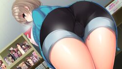 Rule 34 | 1girl, anekawa ayane, blonde hair, blush, bookshelf, breasts, dodomeiro, egg vibrator, embarrassed, eyebrows hidden by hair, feet out of frame, female focus, from behind, from below, game cg, green eyes, indoors, large breasts, legs, looking back, medium hair, netarou, original, real eroge situation! dt, sex toy, short shorts, shorts, solo, standing, thighs, vibrator, vibrator cord, vibrator under clothes