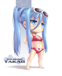 Rule 34 | 10s, 1girl, aoki hagane no arpeggio, aqua eyes, aqua hair, barefoot, bikini, blue eyes, blush, bow, bow bikini, breasts, character name, chibi, choker, cleavage, colored eyelashes, english text, eyewear on head, from side, full body, hair between eyes, hair rings, hands on own hips, hexagon, high ponytail, highres, honeycomb (pattern), honeycomb background, honeycomb pattern, jewelry, lace, lace-trimmed bikini, lace trim, long hair, looking to the side, mao (6r), mole, mole under mouth, navel, parted bangs, pendant, ponytail, red bikini, shadow, sideboob, sidelocks, simple background, solo, standing, sunglasses, swimsuit, takao (aoki hagane no arpeggio), very long hair, white background