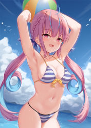 Rule 34 | 1girl, :d, armpits, arms up, ball, bare arms, bare shoulders, beachball, bikini, blue hair, blue sky, blush, braid, breasts, cleavage, cloud, cloudy sky, commentary request, day, front-tie bikini top, front-tie top, highres, holding, holding ball, hololive, long hair, looking at viewer, medium breasts, milkshakework, minato aqua, minato aqua (hololive summer 2019), multicolored hair, navel, open mouth, outdoors, pink hair, purple eyes, sidelocks, sky, smile, solo, streaked hair, striped bikini, striped clothes, swimsuit, twintails, two-tone hair, very long hair, virtual youtuber, water