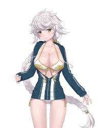 Rule 34 | 10s, 1girl, alternate costume, asymmetrical hair, bad id, bad pixiv id, bikini, blue jacket, braid, breasts, cloud print, cnm, collarbone, cowboy shot, hair ornament, halterneck, highres, jacket, jitome, kantai collection, large breasts, light smile, long hair, long sleeves, looking at viewer, shiny skin, silver hair, simple background, single braid, solo, swimsuit, thighs, unryuu (kancolle), unzipped, very long hair, white bikini, yellow eyes