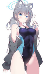 Rule 34 | 1girl, animal ear fluff, animal ears, black one-piece swimsuit, blue archive, blue eyes, blue halo, blush, breasts, closed mouth, competition swimsuit, covered navel, cross, cross hair ornament, extra ears, grey hair, grey jacket, hair ornament, halkawa501, halo, hand up, highleg, highleg swimsuit, highres, inverted cross, jacket, long sleeves, medium breasts, medium hair, mismatched pupils, multicolored clothes, multicolored swimsuit, official alternate costume, one-piece swimsuit, shiroko (blue archive), shiroko (swimsuit) (blue archive), simple background, solo, standing, swimsuit, two-tone swimsuit, white background, wolf ears