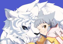 Rule 34 | 1girl, ;), animal, animal ears, blue background, blue eyes, brown eyes, closed mouth, commentary, dromarch (xenoblade), gloves, grey hair, highres, jumpsuit, long sleeves, monstermilk, nia (xenoblade), one eye closed, puffy long sleeves, puffy sleeves, simple background, smile, tiger, white gloves, white tiger, xenoblade chronicles (series), xenoblade chronicles 2, yellow jumpsuit