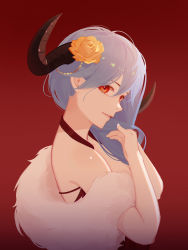 Rule 34 | 1girl, blue hair, chinese zodiac, demon horns, dress, feather boa, flower, hair flower, hair ornament, hands in hair, happy new year, highres, horns, j fang, long hair, looking at viewer, new year, open mouth, original, parted lips, red background, red dress, red eyes, smile, solo, upper body, year of the ox