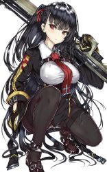 Rule 34 | 1girl, black hair, black pantyhose, breasts, bullpup, girls&#039; frontline, gloves, gun, hair ribbon, highres, itsudatte 8ban, large breasts, long hair, looking at viewer, necktie, one side up, pantyhose, red eyes, red necktie, ribbon, rifle, shirt, simple background, skirt, sniper rifle, solo, very long hair, wa2000 (girls&#039; frontline), walther, walther wa 2000, weapon