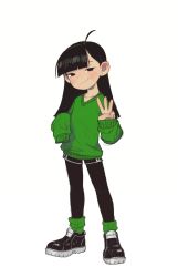 Rule 34 | 1girl, ahoge, black eyes, black footwear, black hair, black leggings, black shorts, blunt bangs, blush, child, codename: kids next door, commentary, english commentary, full body, green socks, green sweater, hair behind ear, highres, numbuh 3, leggings, leggings under shorts, long sleeves, looking at viewer, opossumachine, oversized clothes, pantyhose, shoes, shorts, simple background, sleeves past fingers, sleeves past wrists, smile, sneakers, socks, solo, standing, sweater, w, white background