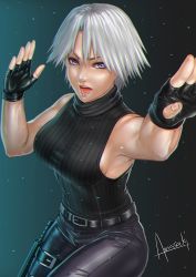 Rule 34 | 1girl, amasaki yusuke, artist name, blue eyes, breasts, christie (doa), dead or alive, fighting stance, highres, leaning back, looking up, medium breasts, open mouth, short hair, sleeveless, solo, tecmo, thigh strap, white hair