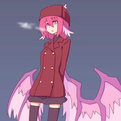 Rule 34 | 1girl, alternate costume, animal ears, arms behind back, blue background, breath, buttons, coat, contemporary, double-breasted, hat, kakinoki mikan (kari), looking away, low wings, mystia lorelei, open mouth, pink eyes, pink hair, short hair, simple background, skirt, solo, thighhighs, touhou, wings, winter clothes, zettai ryouiki