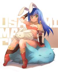 Rule 34 | 1girl, animal ears, bikini, bikini top only, blue hair, blush, boots, brown capelet, brown gloves, capelet, closed mouth, commentary request, eclipse (ragnarok online), elbow gloves, emurin, flat chest, full body, gloves, green eyes, hand in own hair, highres, long hair, looking at viewer, lunatic (ragnarok online), mage (ragnarok online), majiko (emurin), midriff, navel, pelvic curtain, rabbit, rabbit ears, ragnarok online, red bikini, red skirt, showgirl skirt, sitting, skirt, smile, strapless, strapless bikini, swimsuit