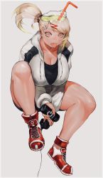 Rule 34 | 1girl, absurdres, black shirt, blonde hair, breasts, can, cleavage, controller, dive to zone, female focus, full body, green hair, highres, ibuo (ibukht1015), jacket, large breasts, multicolored hair, original, ponytail, shirt, shoes, shorts, simple background, sitting, solo, straw, tomboy, tongue, tongue out, two-tone hair, white jacket, yellow eyes