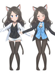 Rule 34 | 1girl, 3:, :&lt;, absurdres, aina (mao lian), animal ear fluff, animal ears, black choker, black jacket, black pantyhose, black undershirt, blue eyes, blue shirt, blush, bow, bowtie, breasts, brown hair, brown thighhighs, cat ears, cat tail, choker, cleavage cutout, closed eyes, closed mouth, clothing cutout, d:, embarrassed, gluteal fold, highres, jacket, long hair, long sleeves, looking at viewer, mao lian (nekokao), miniskirt, multiple views, open clothes, open mouth, open shirt, original, pantyhose, shirt, skirt, small breasts, tail, thigh gap, thighband pantyhose, thighhighs, undershirt, white background, white bow, white neckwear, white shirt, white skirt, zettai ryouiki