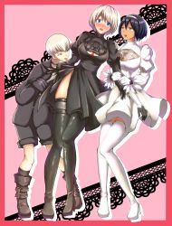 Rule 34 | 1boy, 2girls, absurdres, arm grab, bisexual female, black dress, black hair, blue eyes, blush, boots, breasts, cleavage, cleavage cutout, clothing cutout, dress, feather-trimmed sleeves, gloves, grey eyes, hairband, hetero, high heels, highres, looking at viewer, mole, mole under mouth, multiple girls, nier (series), nier:automata, short hair, shorts, socks, thigh boots, thighhighs, tongue, tongue out, white dress, white hair, 2b (nier:automata), 9s (nier:automata), 2p (nier:automata), yuri