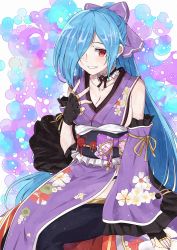 Rule 34 | .live, 1girl, absurdres, black gloves, blue hair, bow, breasts, cleavage, detached sleeves, fingerless gloves, floral print, frilled kimono, frilled sleeves, frills, gloves, grin, hair over one eye, highres, japanese clothes, kanmiya shinobu, kimono, long hair, obi, ponytail, purple bow, purple kimono, red eyes, sash, sideboob, simple background, sitting, smile, solo, very long hair, virtual youtuber, yamato iori