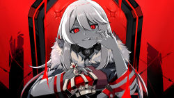Rule 34 | ataririri, chair, choker, commentary, crown, unworn crown, fangs, fangs out, finger to mouth, fingernails, fur, fur-trimmed jacket, fur trim, hair between eyes, head tilt, highres, indie virtual youtuber, jacket, king (vocaloid), knee up, logo, long hair, looking at viewer, mizuz, mouth pull, parody, red background, red eyes, red theme, slit pupils, tagme, teeth, throne, upper body, virtual youtuber, vocaloid, white hair
