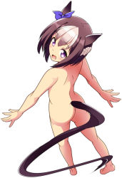 Rule 34 | 1girl, :d, animal ears, ass, bad id, bad pixiv id, barefoot, blush, bow, brown hair, commentary request, full body, hair between eyes, hair bow, horse ears, horse girl, horse tail, looking at viewer, looking back, multicolored hair, naruse mai, nude, open mouth, purple bow, purple eyes, short hair, silver hair, simple background, smile, solo, special week (umamusume), standing, streaked hair, tail, umamusume, white background