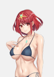 Rule 34 | 1girl, absurdres, azusagawastrife, bikini, black bikini, bob cut, breasts, cleavage, closed mouth, earrings, grey background, hand on own chest, highres, jewelry, large breasts, looking at viewer, pyra (xenoblade), red eyes, red hair, short hair, simple background, smile, solo, string bikini, swimsuit, tiara, upper body, xenoblade chronicles (series), xenoblade chronicles 2