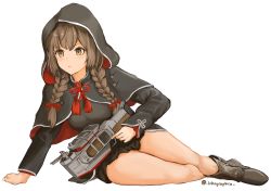 Rule 34 | 1girl, black skirt, boots, braid, breasts, brown eyes, brown footwear, brown hair, closed mouth, hair ribbon, highres, holding, hood, hood up, kantai collection, lithographica, long hair, long sleeves, miniskirt, ribbon, shinshuu maru (kancolle), simple background, sitting, skirt, solo, twin braids, twitter username, white background