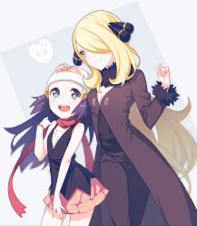 Rule 34 | 2girls, age difference, blonde hair, blue eyes, blush, breasts, cleavage, closed mouth, coat, commentary request, creatures (company), cynthia (pokemon), dawn (pokemon), eyelashes, flat chest, fur trim, game freak, grey eyes, hair ornament, hair over one eye, happy, hat, height difference, kurochiroko, long hair, long sleeves, looking down, multiple girls, nintendo, onee-loli, open mouth, pokemon, pokemon dppt, purple hair, red scarf, scarf, smile, teeth, tongue, upper teeth only, yuri