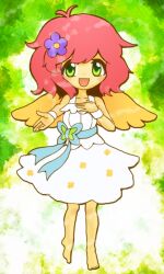 Rule 34 | 1girl, angel, angel wings, blush, chibi, dress, flower, full body, green eyes, hair flower, hair ornament, hand on own chest, harpy (puyopuyo), looking at viewer, lowres, madou monogatari, open mouth, pink hair, puyopuyo, short hair, smile, solo, standing, standing on one leg, tomatori, white dress, wings, yellow wings