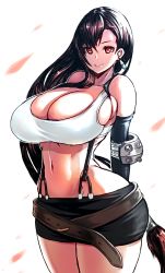Rule 34 | 1990s (style), 1girl, absurdres, amamiya (abaros), arched back, arms behind back, bare shoulders, black hair, breasts, cleavage, curvy, earrings, elbow gloves, elbow pads, final fantasy, final fantasy vii, gloves, highres, huge breasts, jewelry, long hair, looking at viewer, low-tied long hair, lowleg, lowleg skirt, midriff, miniskirt, navel, pencil skirt, red eyes, retro artstyle, sideboob, skirt, smile, solo, square enix, standing, suspender skirt, suspenders, tank top, thick thighs, thighs, tifa lockhart, very long hair, white background, wide hips