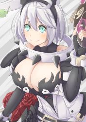 Rule 34 | 1girl, ahoge, aqua eyes, arc system works, bare shoulders, black gloves, blue eyes, blush, bouquet, bracelet, breasts, cleavage, clover, collar, dress, elbow gloves, elphelt valentine, fingerless gloves, flower, four-leaf clover, gloves, guilty gear, guilty gear xrd, guilty gear xrd: revelator, gun, handgun, highres, jewelry, large breasts, long sleeves, looking at viewer, pistol, red flower, red rose, rose, ruga (orage38), shiny skin, short hair, silver hair, smile, solo, spiked bracelet, spiked collar, spikes, spoilers, weapon