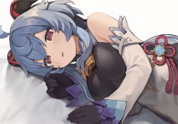 Rule 34 | ahoge, bare shoulders, bed, bed sheet, bell, black gloves, blue hair, blush, breasts, check commentary, chinese knot, commentary request, detached sleeves, flower knot, ganyu (genshin impact), genshin impact, gloves, horns, looking at viewer, lying, medium breasts, neck bell, on bed, on side, pov across bed, purple eyes, seramikku, sidelocks, smile, solo, tassel, vision (genshin impact), white sleeves