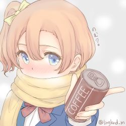 Rule 34 | 10s, 1girl, blue eyes, blush, can, canned coffee, drink can, gogi, kosaka honoka, love live!, love live! school idol project, orange hair, scarf, scarf over mouth, side ponytail, solo, twitter username