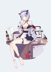 Rule 34 | 1girl, alternate hair length, alternate hairstyle, animal ears, apron, bare shoulders, barefoot, beer bottle, bikini, bird, black bikini, black skirt, breasts, cat ears, cleavage, commentary request, cross hair ornament, drinking straw, fake animal ears, frilled skirt, frills, full body, girls&#039; frontline, green eyes, hair ornament, highres, hk416 (girls&#039; frontline), holding, jacket, long sleeves, looking at viewer, maid, maid bikini, maid headdress, medium breasts, multicolored clothes, multicolored jacket, navel, off-shoulder jacket, off shoulder, ranyu, red jacket, short hair, sitting, skirt, solo, swimsuit, thigh gap, tray, unconventional maid, waist apron, white apron, white jacket