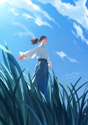 Rule 34 | ^ ^, artist name, blue hakama, blue sky, closed eyes, cloud, dated, day, field, floating hair, from below, from side, grass, hakama, high ponytail, japanese clothes, kaze hikaru, long hair, long sleeves, male focus, maotai, nature, okita souji (kaze hikaru), outdoors, see-through silhouette, signature, sky, smile, solo, standing, wide sleeves, wind