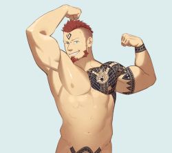 Rule 34 | 1boy, abs, ares (priapus), arm tattoo, arm up, armpits, bara, beard, biceps, blue eyes, chest tattoo, completely nude, cowboy shot, facial hair, flexing, itto (mentaiko), large pectorals, male focus, manly, muscular, muscular male, navel, nipples, nude, pectorals, priapus, pubic tattoo, red hair, short hair, shoulder tattoo, smile, solo, stomach, tattoo, undercut