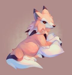 Rule 34 | brown background, brown eyes, commentary, commission, creature, creatures (company), english commentary, full body, game freak, gen 7 pokemon, highres, looking at viewer, looking back, lycanroc, lycanroc (midday), lying, nintendo, no humans, on stomach, pillow, pokemon, pokemon (creature), salanchu, solo, wolf