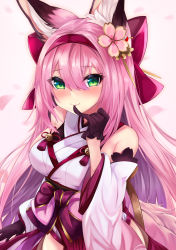 Rule 34 | 1girl, absurdres, animal ear fluff, animal ears, azur lane, bare shoulders, black gloves, blush, bow, breasts, commentary, detached sleeves, flower, fox ears, fox girl, fox tail, glove in mouth, gloves, green eyes, hair between eyes, hair bow, hair flower, hair ornament, hairband, hanazuki (azur lane), highres, japanese clothes, kimono, long hair, looking at viewer, medium breasts, mouth hold, obi, petals, pink hair, ryara, sash, sidelocks, simple background, sleeveless, sleeveless kimono, smile, solo, tail, white background, white kimono, wide sleeves