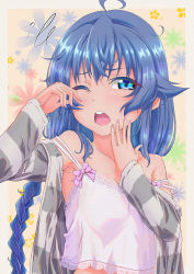 Rule 34 | 1girl, ahoge, armpits, blue eyes, blue hair, braid, breasts, cleavage, collarbone, grey jacket, hair between eyes, hair over shoulder, highres, honba misaki, jacket, long hair, long sleeves, looking at viewer, mushoku tensei, nail polish, off shoulder, one eye closed, open clothes, open jacket, pink nails, roxy migurdia, shiny skin, small breasts, solo, twin braids, twintails, upper body, very long hair, yawning
