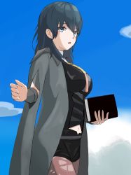 Rule 34 | 1girl, absurdres, armlet, armor, blue eyes, blue hair, blue sky, breasts, brown pantyhose, bustier, byleth (female) (fire emblem), byleth (fire emblem), capelet, clothing cutout, cloud, cloudy sky, dagger, fire emblem, fire emblem: three houses, floral print, hair between eyes, highres, knife, lace, lace-trimmed legwear, lace trim, navel cutout, nintendo, pantyhose, pantyhose under shorts, patterned legwear, print pantyhose, short sleeves, shorts, shoulder armor, sky, solo, tassel, turtleneck, user psst5337, vambraces, weapon