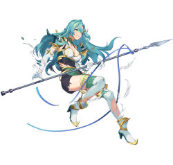 Rule 34 | 1girl, aqua hair, armor, bare shoulders, braid, breastplate, breasts, chloe (fire emblem), cleavage, clenched teeth, covered navel, duplicate, earrings, elbow gloves, female focus, fire emblem, fire emblem engage, fire emblem heroes, garter straps, gloves, green eyes, high heels, holding, holding polearm, holding weapon, jewelry, kainown, lance, large breasts, long hair, nintendo, non-web source, official art, one eye closed, pegasus knight uniform (fire emblem), pixel-perfect duplicate, polearm, shoulder armor, side braid, single braid, skin tight, smile, solo, teeth, thighhighs, torn clothes, torn gloves, torn thighhighs, very long hair, weapon, white gloves, wince