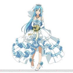 Rule 34 | 10s, 1girl, asuna (sao), asuna (sao-alo), blue eyes, blue hair, bouquet, bridal veil, dress, elbow gloves, flower, frilled dress, frills, full body, gloves, high heels, holding, library, long hair, matching hair/eyes, open mouth, pointy ears, shoes, simple background, solo, sword art online, sword art online: code register, tiara, veil, voile, watermark, wedding dress, white background, white footwear, white gloves