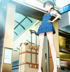 Rule 34 | 10s, 1girl, black hair, braid, hands on own hips, highres, luggage, momohara natsuki, one room, purple eyes, rolling suitcase, screencap, stitched, suitcase, third-party edit, twin braids