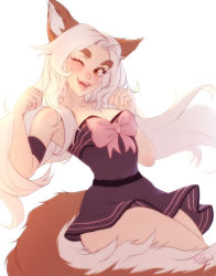 Rule 34 | 1girl, ;d, animal ears, armband, black dress, bow, breasts, commentary, dress, english commentary, fox ears, fox girl, fox tail, freckles, happy, highres, long hair, looking at viewer, losse (personal ami), medium breasts, one eye closed, open mouth, orange eyes, original, personal ami, pink bow, simple background, smile, solo, strapless, strapless dress, tail, thick eyebrows, white background, white hair
