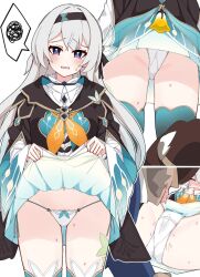Rule 34 | 1boy, 1girl, aqua skirt, ass, black hairband, black jacket, blue pupils, blush, bow, bow panties, cameltoe, clothes lift, crotch, crotch seam, cunnilingus, firefly (honkai: star rail), grey hair, hairband, honkai: star rail, honkai (series), jacket, k-y, lifting own clothes, long hair, long sleeves, looking at viewer, multiple views, neckerchief, nose blush, oral, orange neckerchief, panties, pubic hair, side-tie panties, skirt, skirt lift, squiggle, sweat, thighhighs, two-tone eyes, underwear, upskirt, white panties