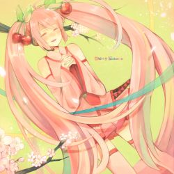Rule 34 | 1girl, blush, cherry blossoms, detached sleeves, dress, closed eyes, female focus, hatsune miku, kamogawa akira, long hair, own hands clasped, own hands together, pink dress, pink hair, pink legwear, plant, sakura miku, smile, solo, tears, very long hair, vocaloid