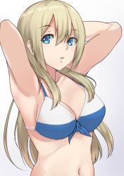 Rule 34 | 1girl, arm support, armpits, arms behind head, arms up, bikini, blonde hair, blue bikini, blue eyes, breasts, cleavage, commentary, front-tie bikini top, front-tie top, gradient background, grey background, highres, long hair, looking at viewer, medium breasts, navel, oohoshi awai, parted lips, saki (manga), solo, standing, swimsuit, upper body, yamaori (yamaorimon)