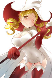 Rule 34 | 10s, 1girl, ace rocket, alternate costume, blonde hair, blush, bravely default: flying fairy, bravely default (series), breasts, cape, cleavage, cosplay, dress, drill hair, gloves, hair ornament, hat, highres, jpeg artifacts, large breasts, long hair, mahou shoujo madoka magica, mahou shoujo madoka magica (anime), one eye closed, smile, solo, thighhighs, tomoe mami, twin drills, twintails, wand, white mage (final fantasy), white mage (final fantasy) (cosplay), wink, witch, witch hat, yellow eyes