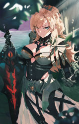Rule 34 | 1girl, armor, armored dress, black dress, blonde hair, blue eyes, braid, breasts, cheng (pixiv5550107), cleavage, crown braid, dress, fate/grand order, fate (series), faulds, gauntlets, highres, kriemhild (fate), kriemhild (third ascension) (fate), large breasts, long hair, long sleeves, looking at viewer, mole, mole under eye, pauldrons, ponytail, revision, shoulder armor, skirt, smile, solo, tiara, white skirt