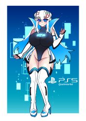 Rule 34 | 1girl, blue eyes, blue hair, blush, boots, border, closed mouth, commentary, elbow gloves, english commentary, fingerless gloves, full body, game console, gloves, high heels, highleg, highleg leotard, leotard, long hair, looking at viewer, multicolored hair, original, osiimi, personification, playstation 5, smile, solo, standing, thick thighs, thigh boots, thighhighs, thighs, twitter username, two-tone hair, white border, white hair, white thighhighs