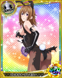 Rule 34 | 10s, 1girl, ahoge, animal ears, ass, back, breasts, brown hair, card (medium), character name, checkered background, chess piece, elbow gloves, fake animal ears, female focus, gloves, gradient background, high school dxd, leotard, long hair, mature female, medium breasts, official art, pantyhose, playboy bunny, purple eyes, queen (chess), rabbit ears, rainbow background, runes, short hair, smile, solo, standing, torn clothes, trading card, venelana gremory, wavy hair